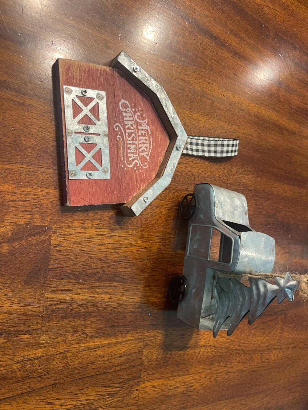 Metal Country Old Truck w/Tree & Barn Christmas Ornaments Set of 2!